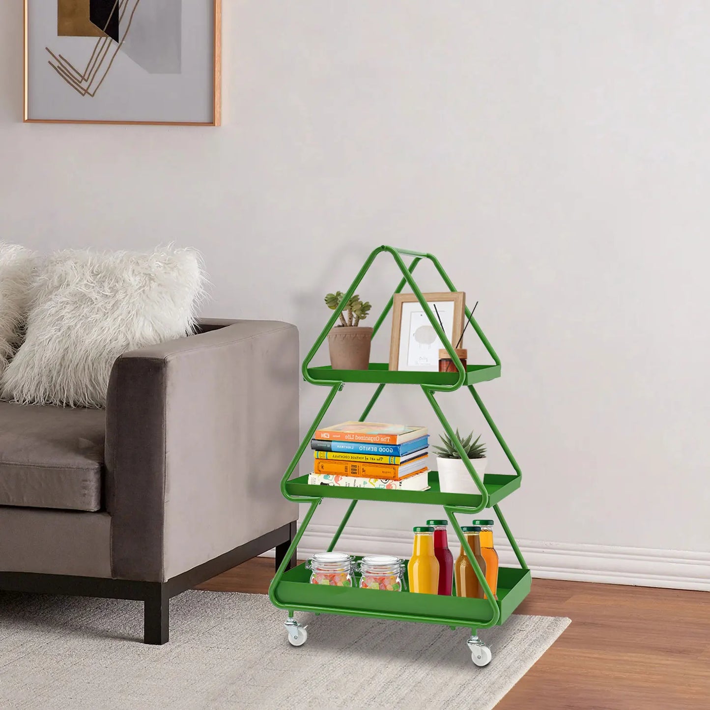 Christmas Tree Side Table Movable Iron Cart Sofa Cabinet with Wheels