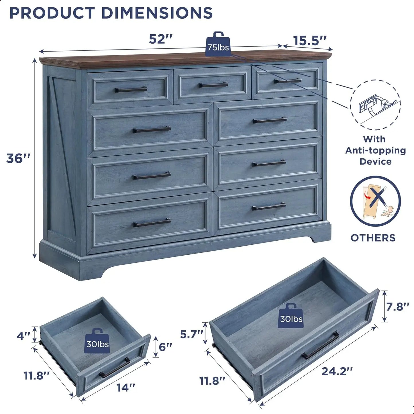**** Farmhouse 9 Drawer Dresser Tall Modern Bedroom Storage Furniture