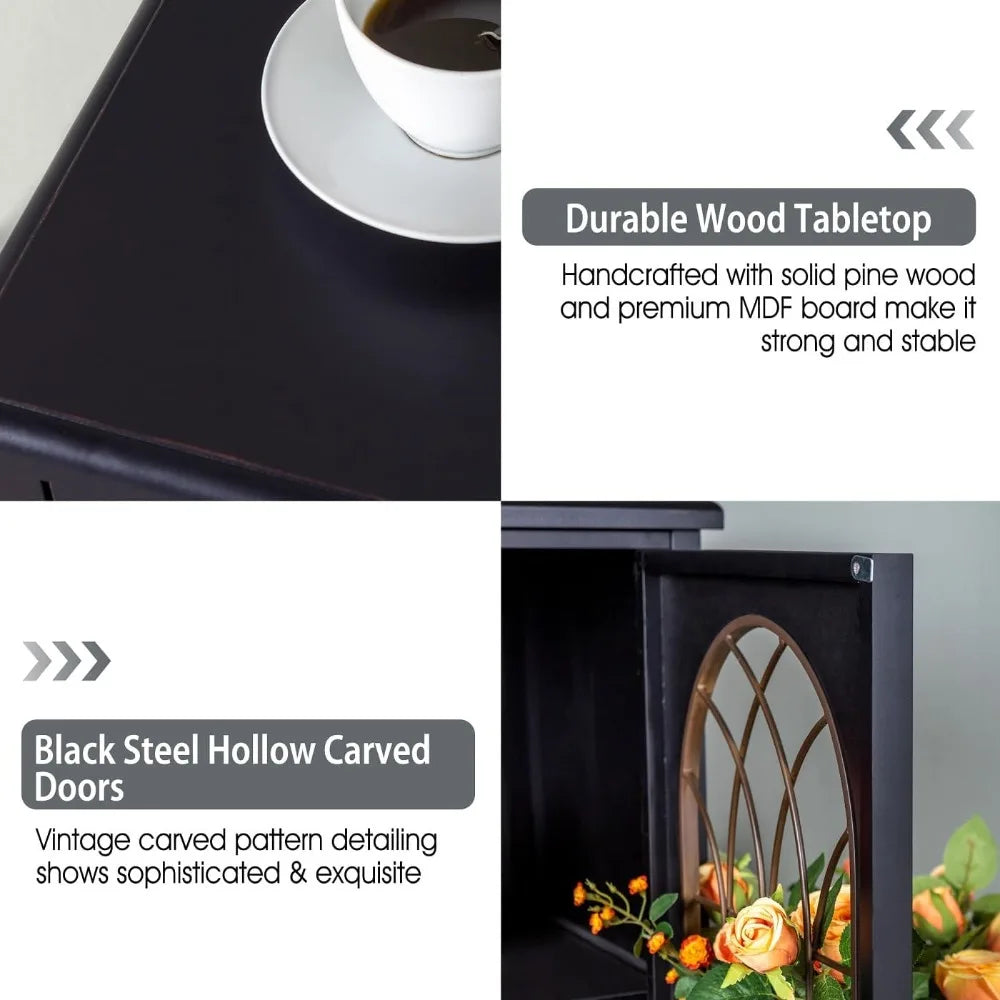 Accent Storage Cabinet Distressed Buffet Sideboard Metal Window Doors