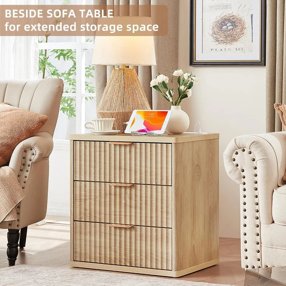 23 Inch Wide Fluted Night Stand Set of 2 with Charging Station and Drawers