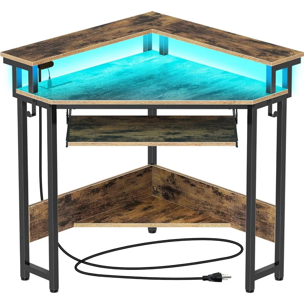 Corner Desk with Power Outlets LED Lights Gaming Computer Triangle Design