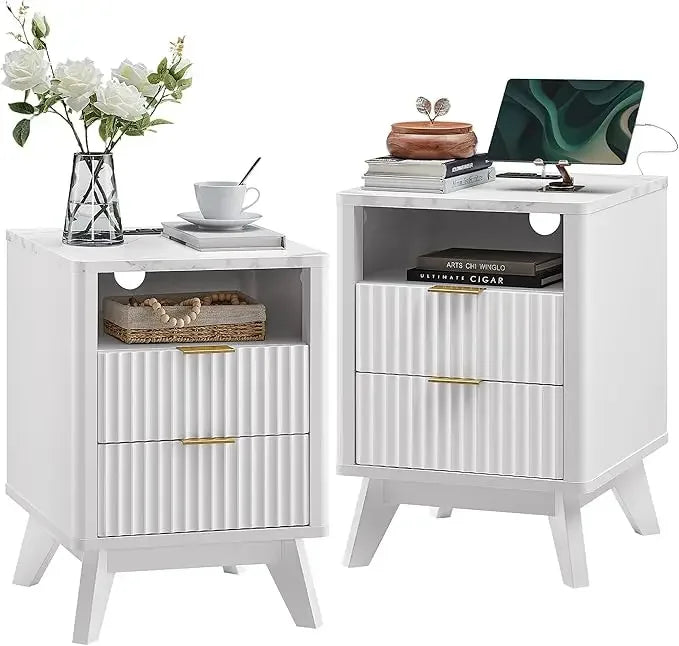 Fluted Nightstand with Charging Station 18" Modern Side Table 2 Drawers