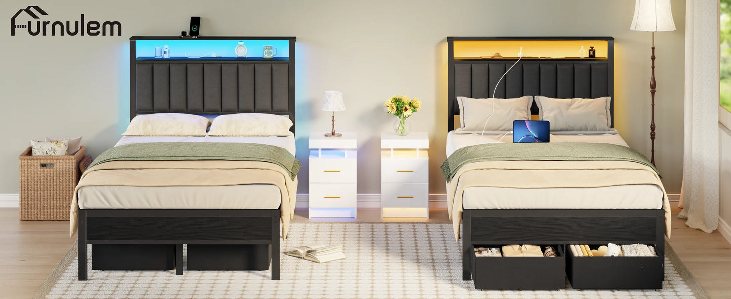 Ljustra Full Bed Frame with Charging Station LED Lights and Storage