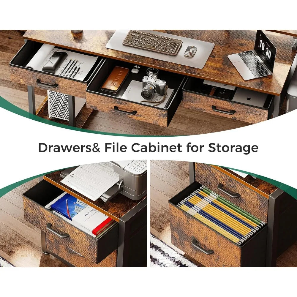 55 Inch Computer Desk with Drawers LED Lights Monitor Stand Storage