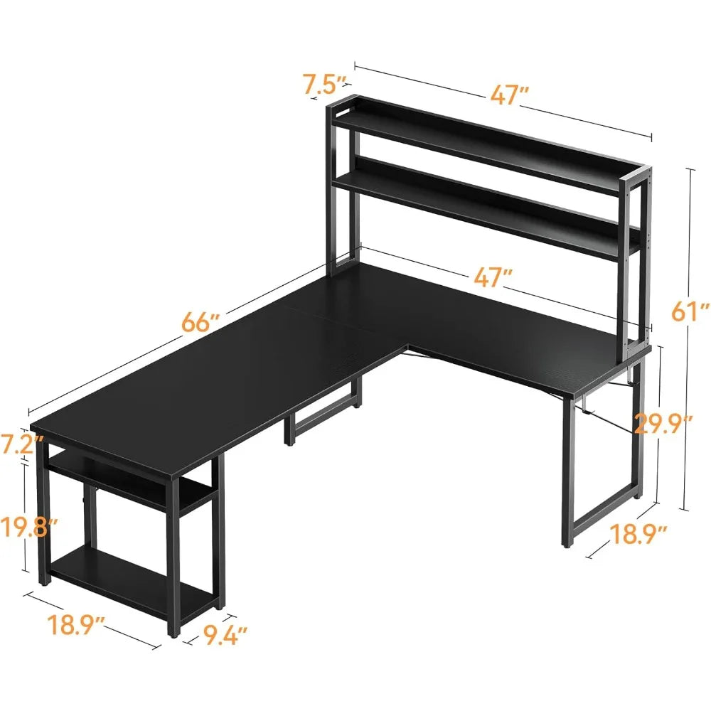 L Shaped Gaming Desk with Hutch Storage Shelves Home Office Corner Desk