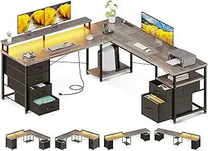 66 Inch L Shaped Computer Desk Reversible Home Office Desk with Drawers LED Light