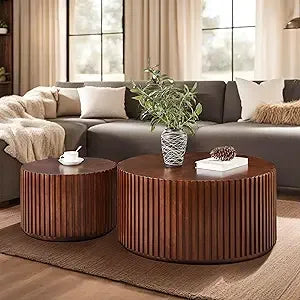 Round Wood Coffee Table Set of 2 Handcrafted Modern Accent Tables