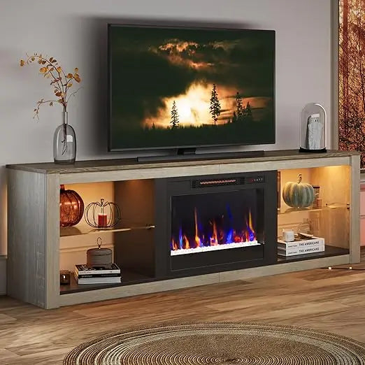 Fireplace TV Stand for 75 inch TV with Electric Fireplace and LED Light