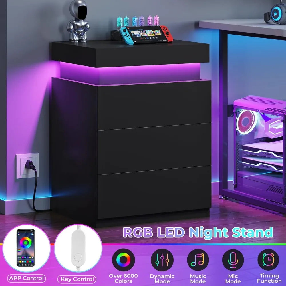 LED Nightstands Set of 2 with Charging Station and Sliding Top