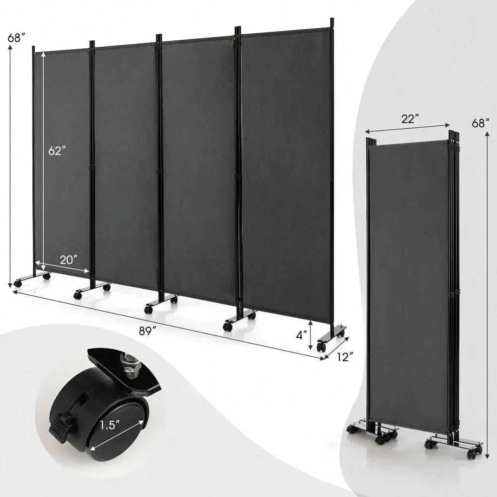 4-Panel Folding Room Divider Privacy Screen Rolling with Wheels