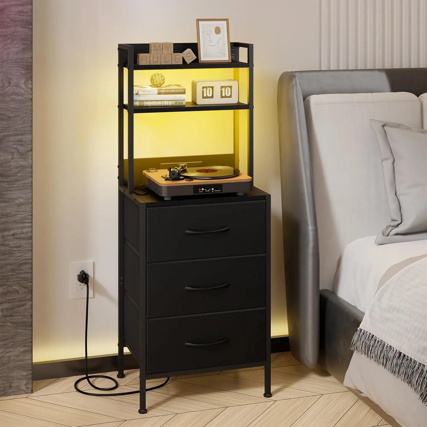 41 Inch Tall Nightstand with USB Charging Station and LED Lights