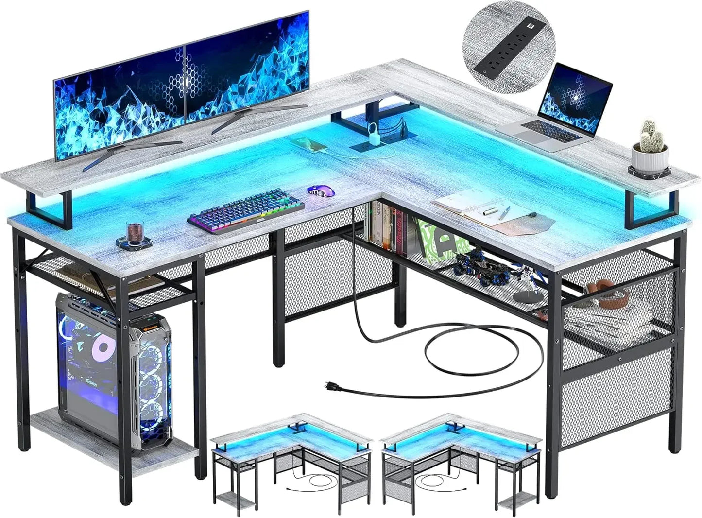 L-Shaped Desk with LED Strip Power Outlets Reversible Corner Design