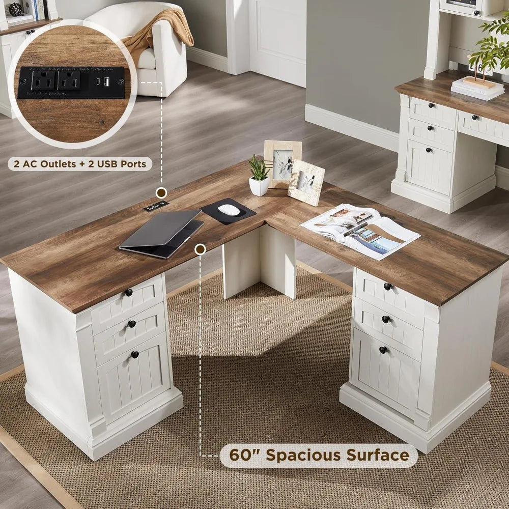 Ljustra Farmhouse L-Shaped Desk with Drawers and Charging Station