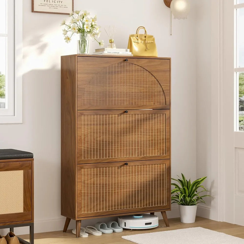 Shoe Storage Cabinet Entryway 3 Flip Drawers Narrow Organizer Freestanding