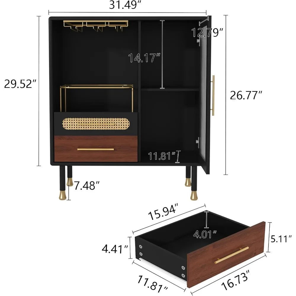 Modern Coffee Bar Cabinet with Wine Glass Rack and Drawers Storage