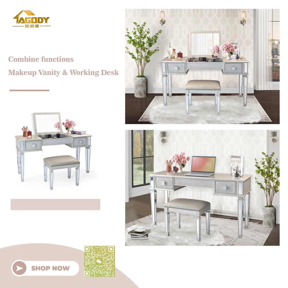 Luxury Mirrored Vanity Desk Set with Stool and Drawer Storage for Bedroom