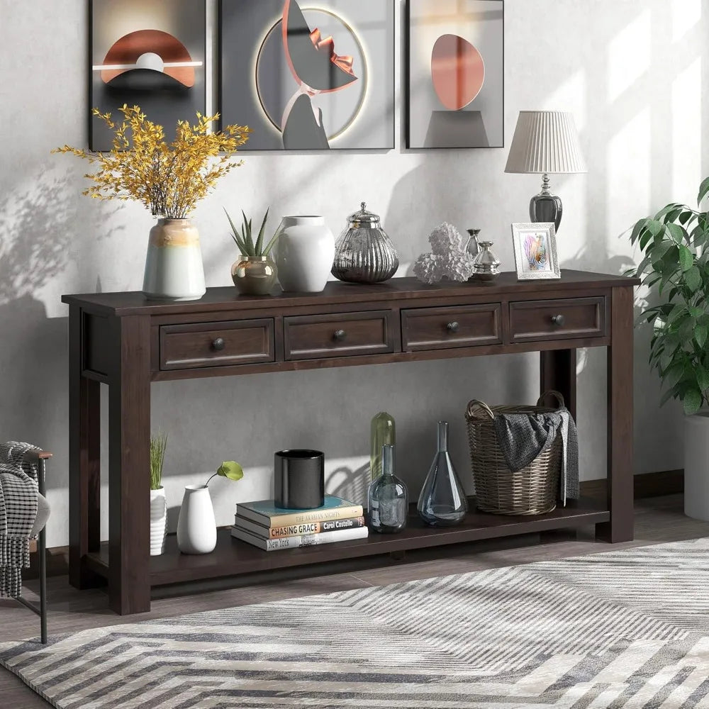 64 Inch Rustic Console Table with Drawer Shelf Storage for Entryway
