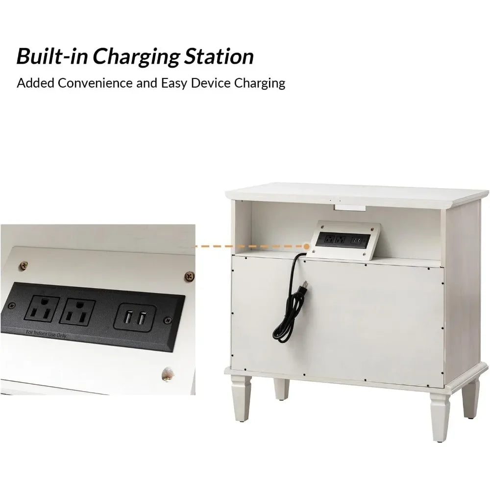 Nightstand Set of 2 with Charging Station Farmhouse End Table Storage