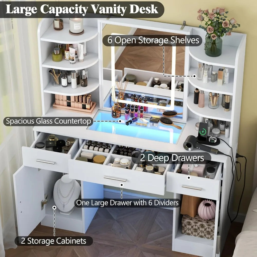 Vanity Desk with Lighted Mirror Power Outlet Makeup Table Storage