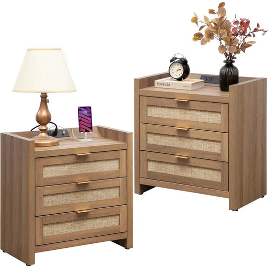 Rattan Night Stand Set of 2 Tall Nightstands with Charging Station