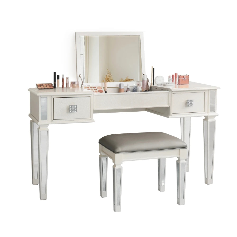 Luxury Mirrored Vanity Desk Set with Stool and Drawer Storage for Bedroom