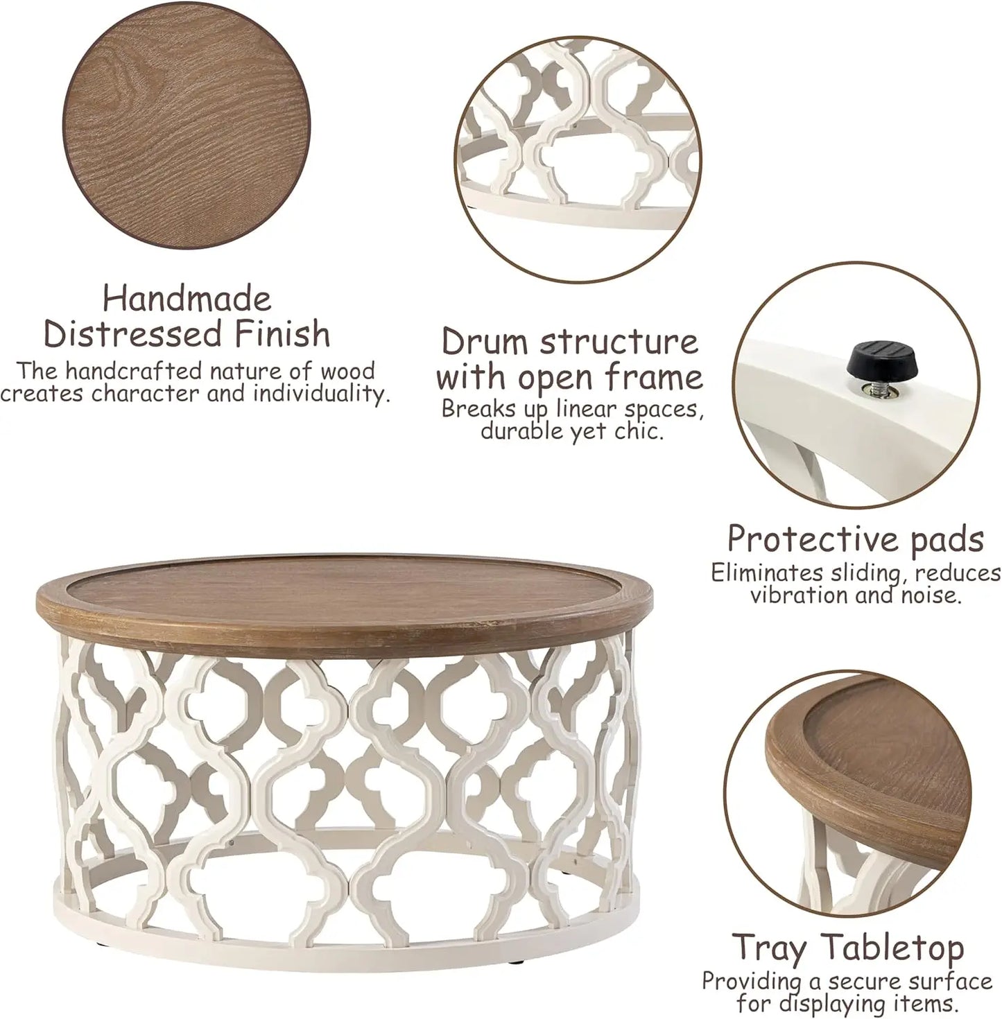 Farmhouse Coffee Table Round Distressed Tray Top Rustic Boho Decor