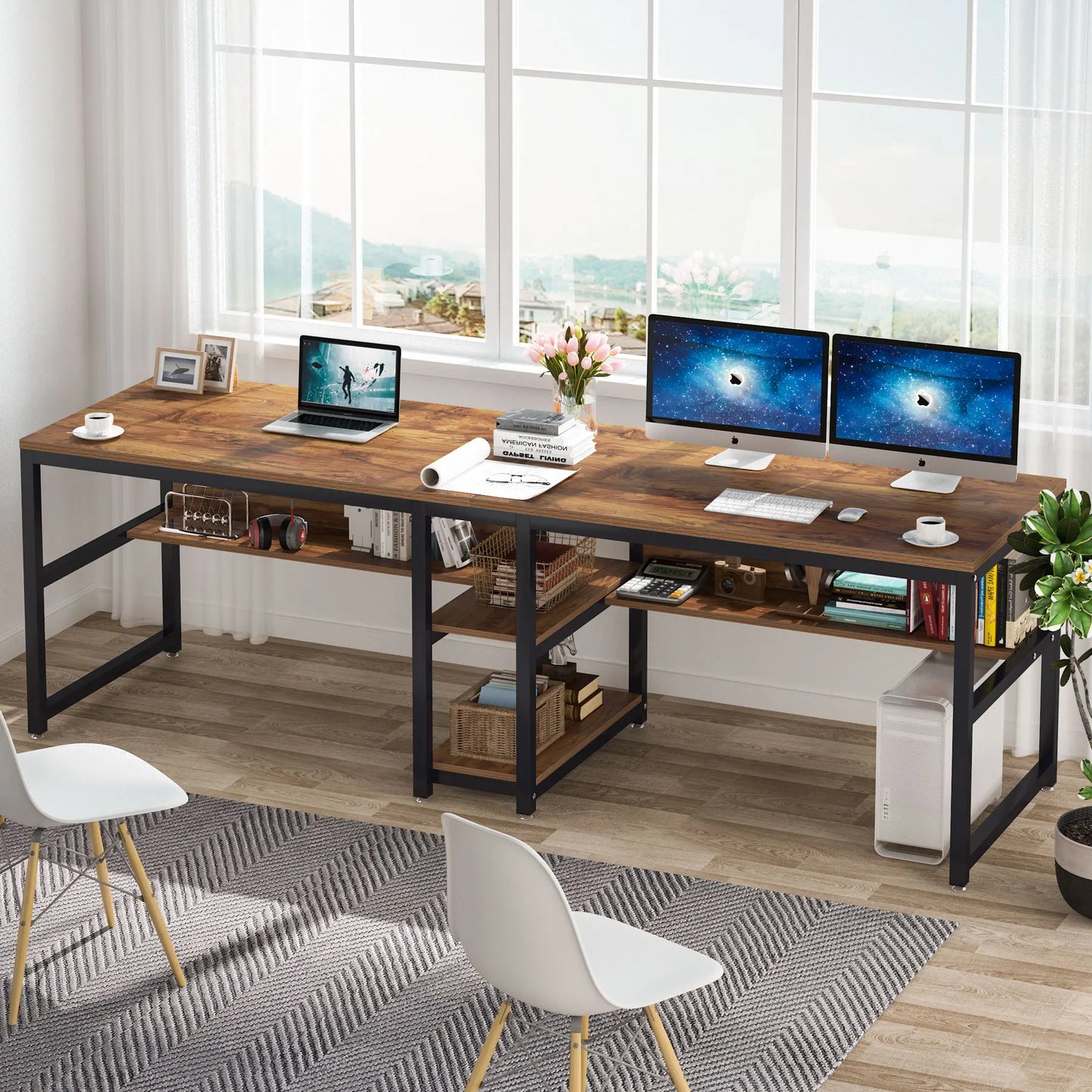 Ljustra Two Person Desk with Bookshelf Rustic Home Office Workstation