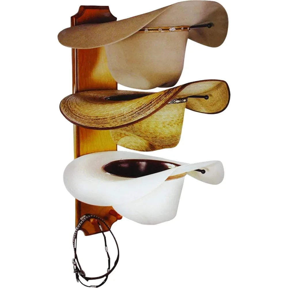 Unisex Rolled Oak 3 Tiered Cowboy Hat Rack Free Standing Home Furniture