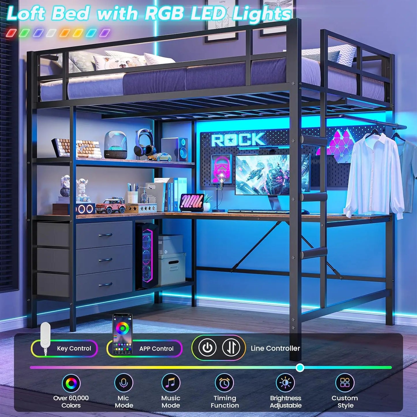 Loft Bed Full Size with Desk Charging Station LED Lights Open Shelves