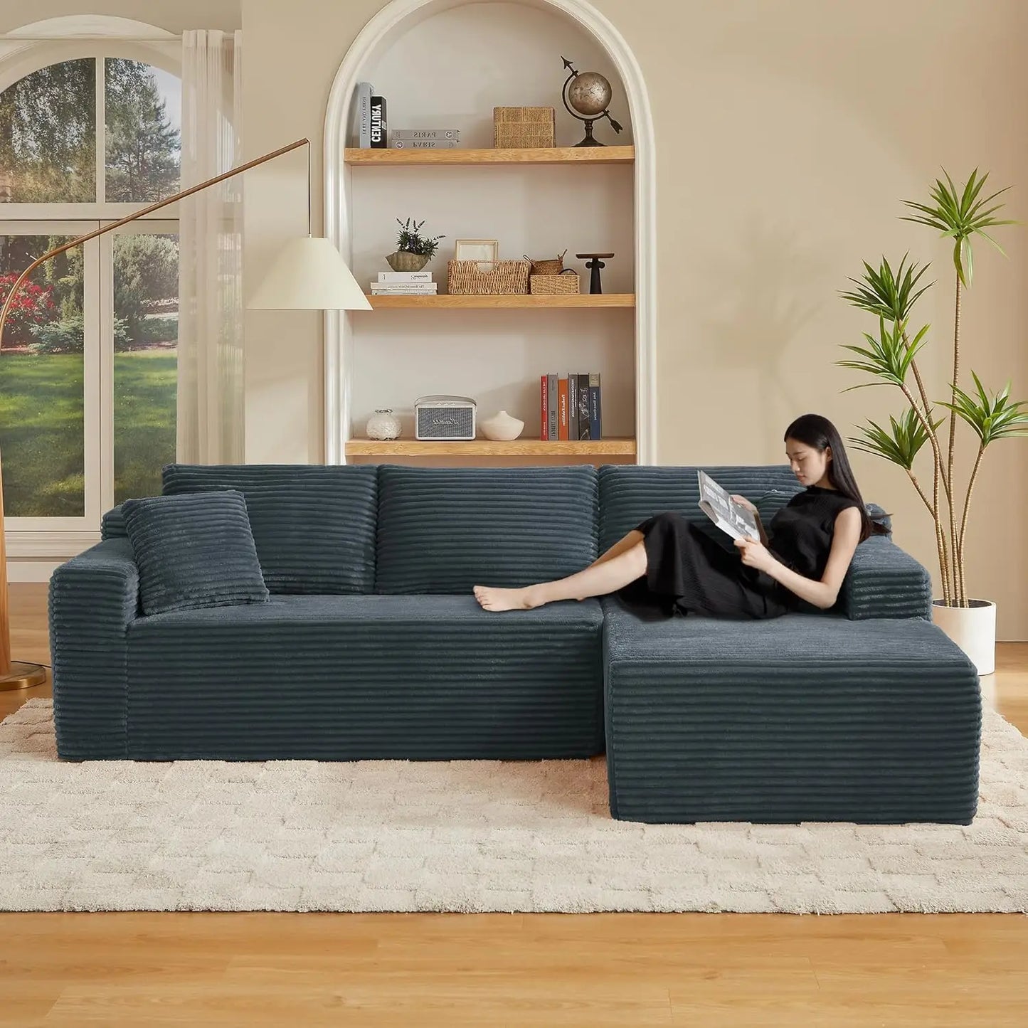 Modern L-Shape Modular Sectional Sofa Deep Seat Corduroy Couch