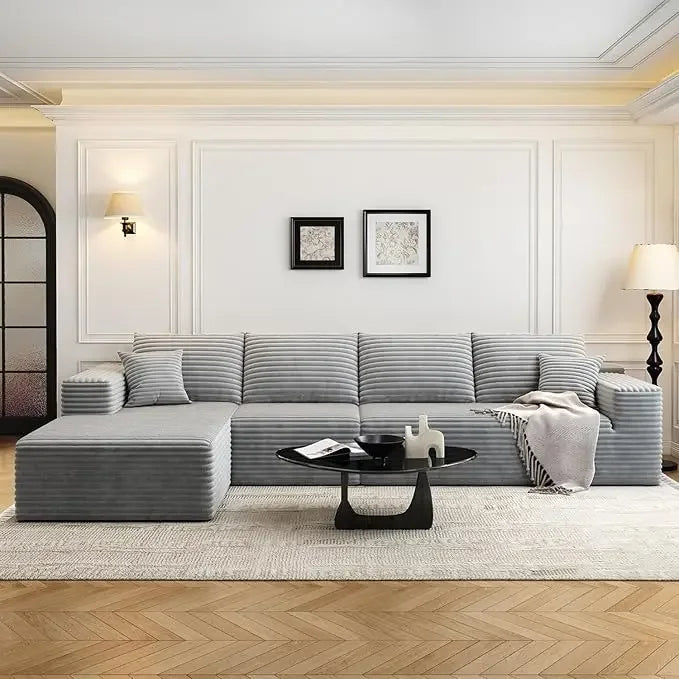 135” L-Shaped Modular Cloud Sectional Sofa Black Corduroy Couch w/ Chaise