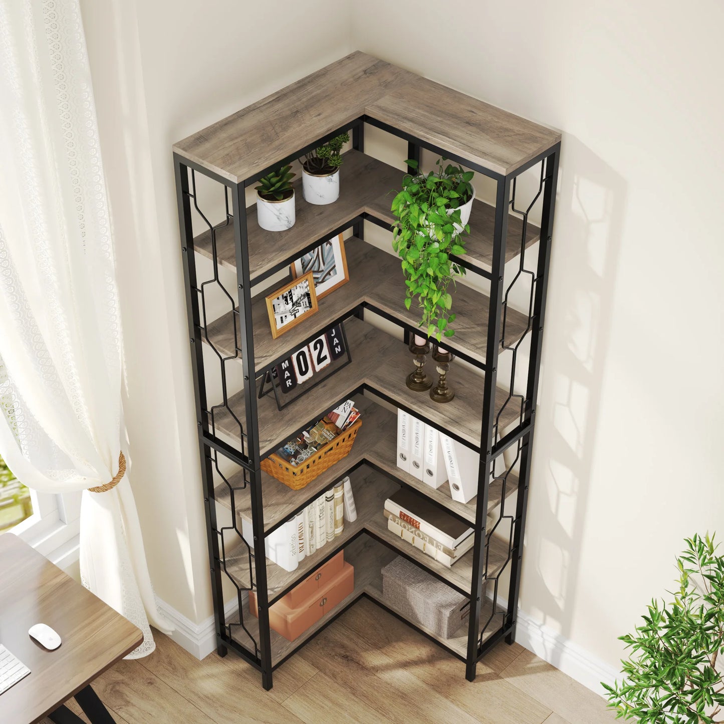 Ljustra 7-Tier Industrial Corner Shelf Wood Metal Bookcase Display Unit