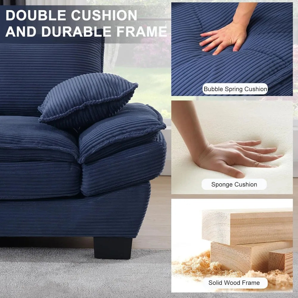 90” Blue Corduroy Oversized Loveseat Sofa Deep Seat Couch Modern Living Rooms