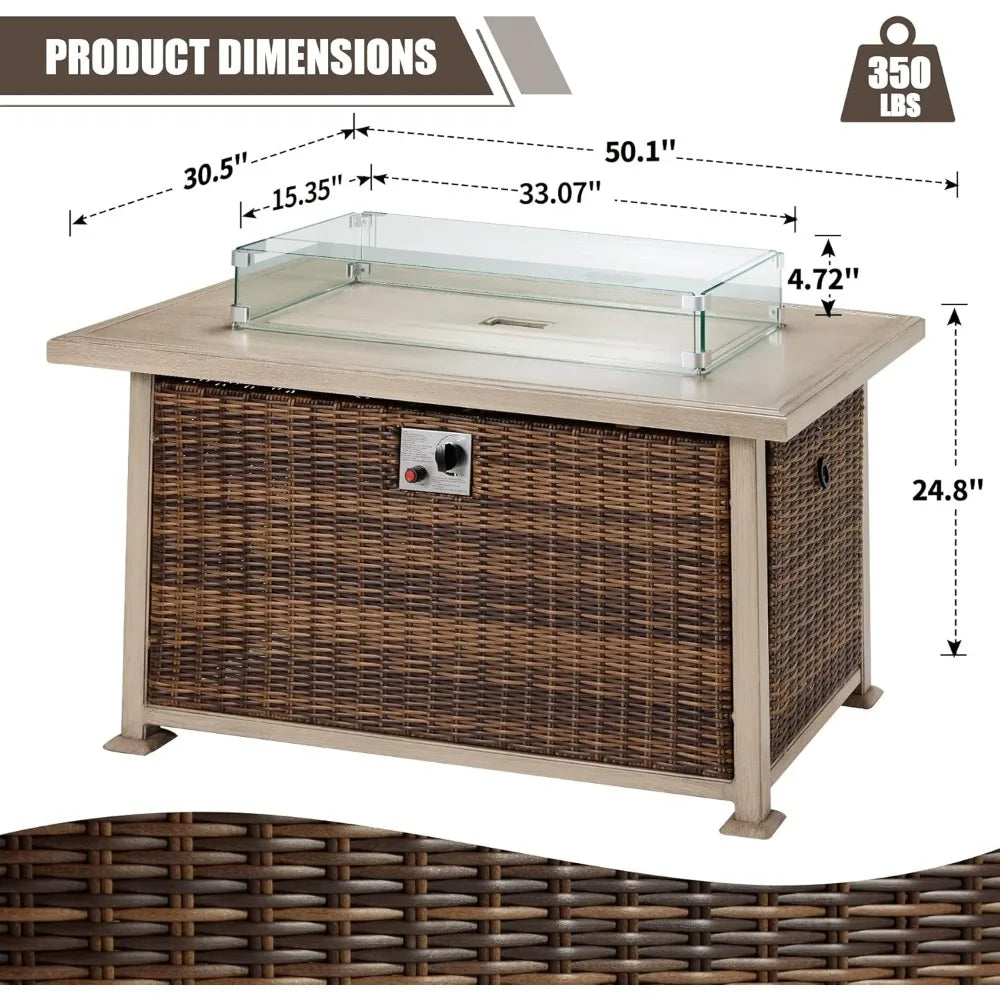 50in Propane Fire Pit Table with Glass Wind Guard Outdoor Gas Firepit