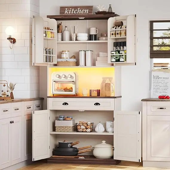Farmhouse Kitchen Pantry Storage Cabinet Freestanding Hutch Drawers Shelves