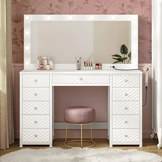 Vanity with Extra Large Mirror Lights Makeup Desk Storage Dressing Table