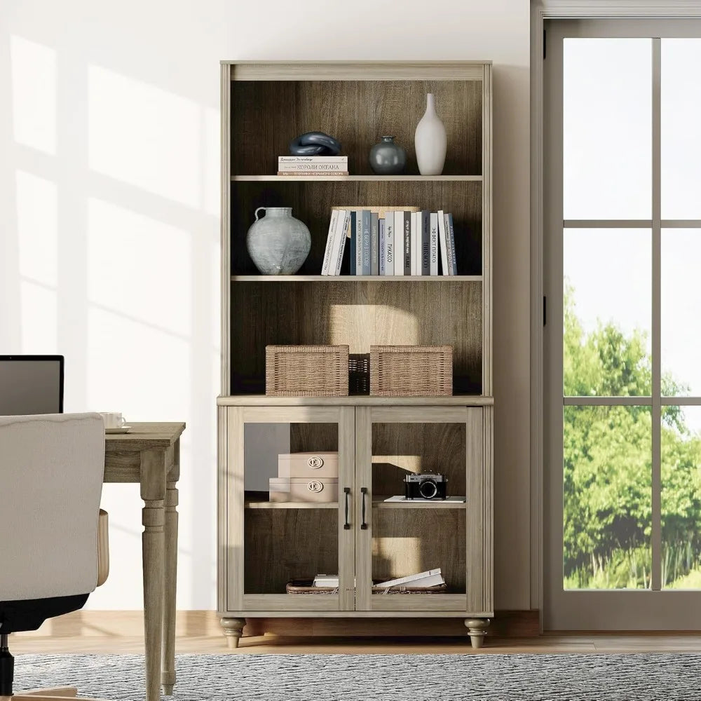 5 Tier Farmhouse Bookshelf Large Display Bookcase with Glass Doors