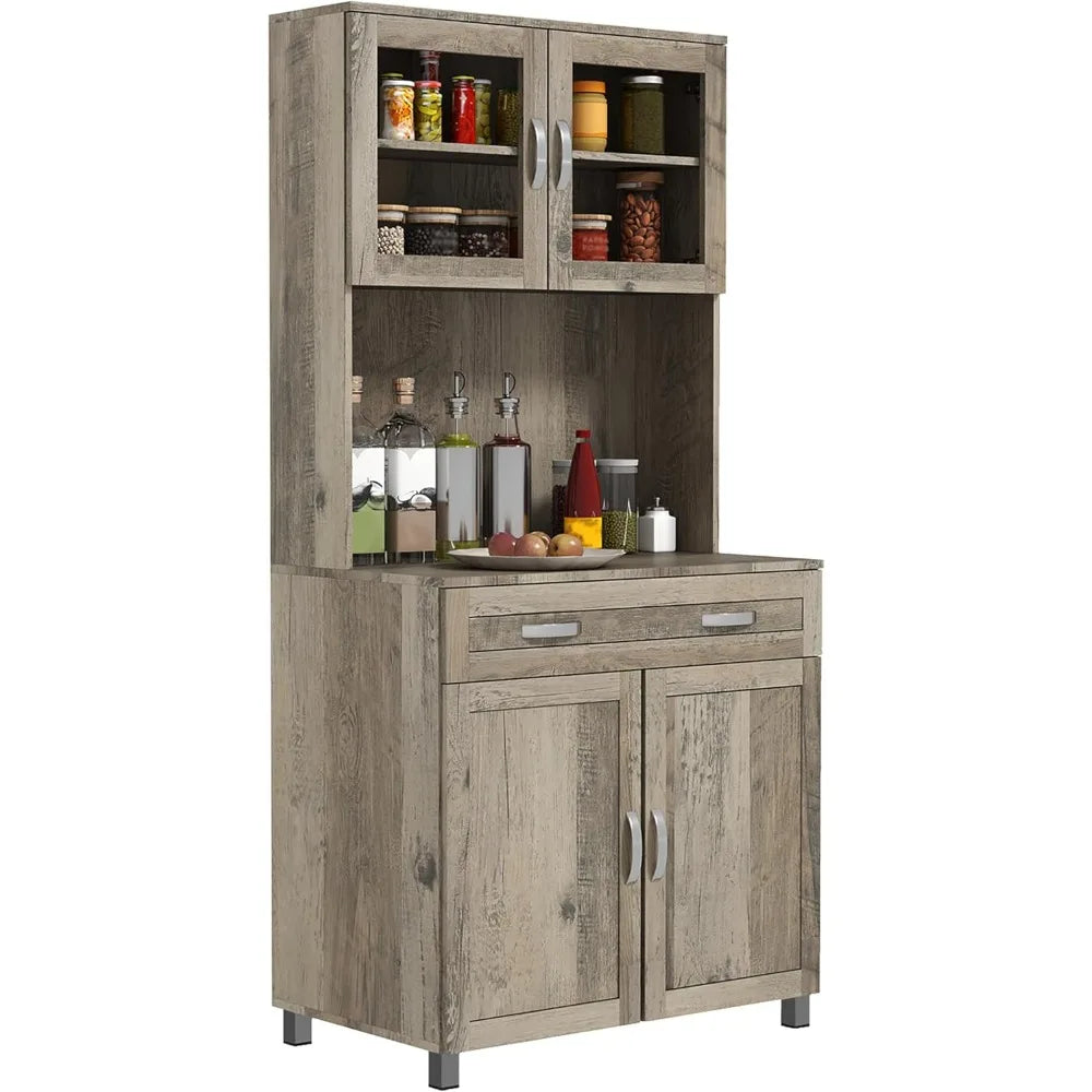 67 Inch Modern Pantry Storage Cabinet with Glass Doors and Adjustable Shelves
