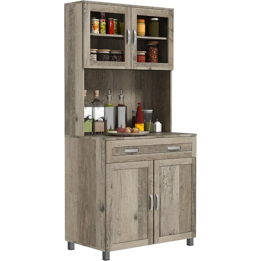 67 Inch Modern Pantry Storage Cabinet with Glass Doors and Adjustable Shelves
