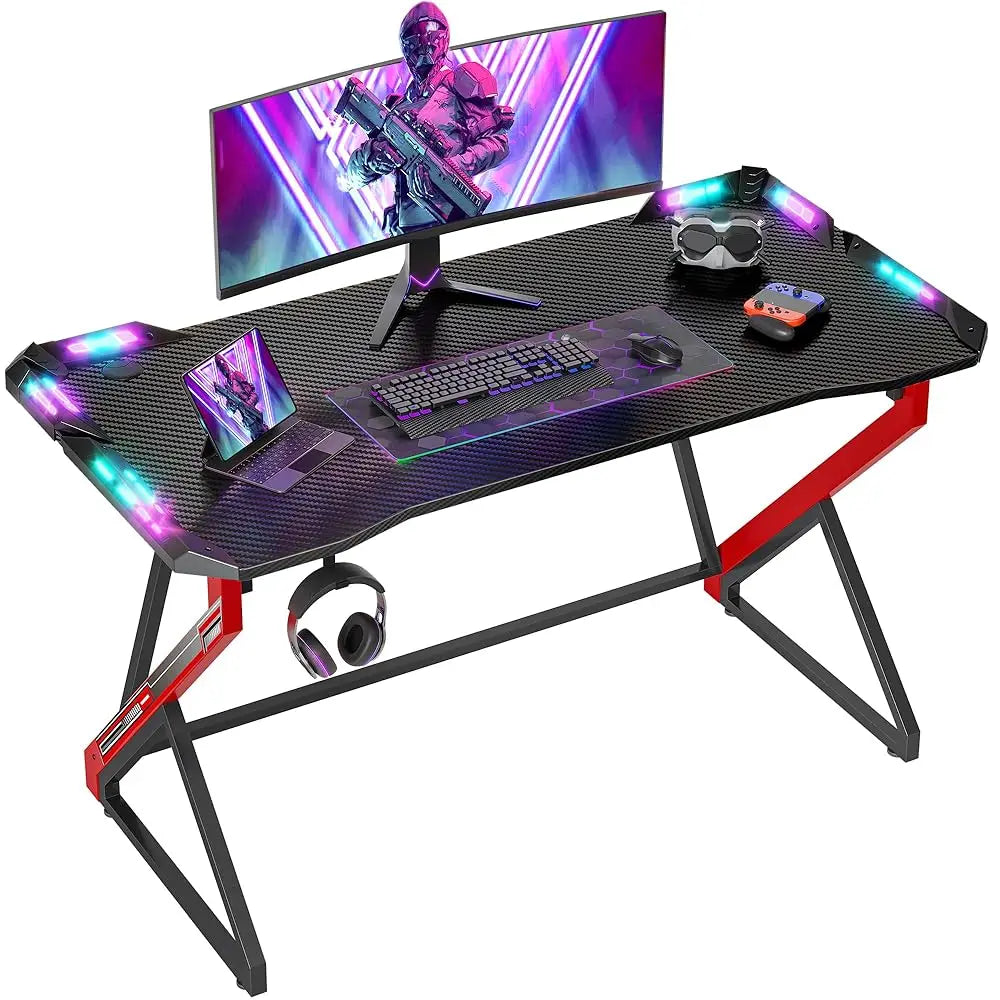 Gaming Desk With LED Lights Z Shaped Carbon Fiber Surface 40H Workstation