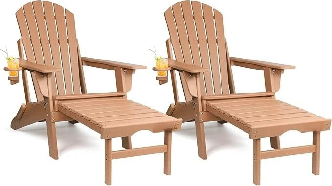 Adjustable Folding Adirondack Chairs Set of 2 with Ottoman Cup Holder