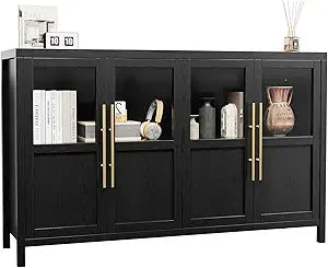 Large Sideboard Buffet Cabinet with 4 Glass Doors Modern Storage