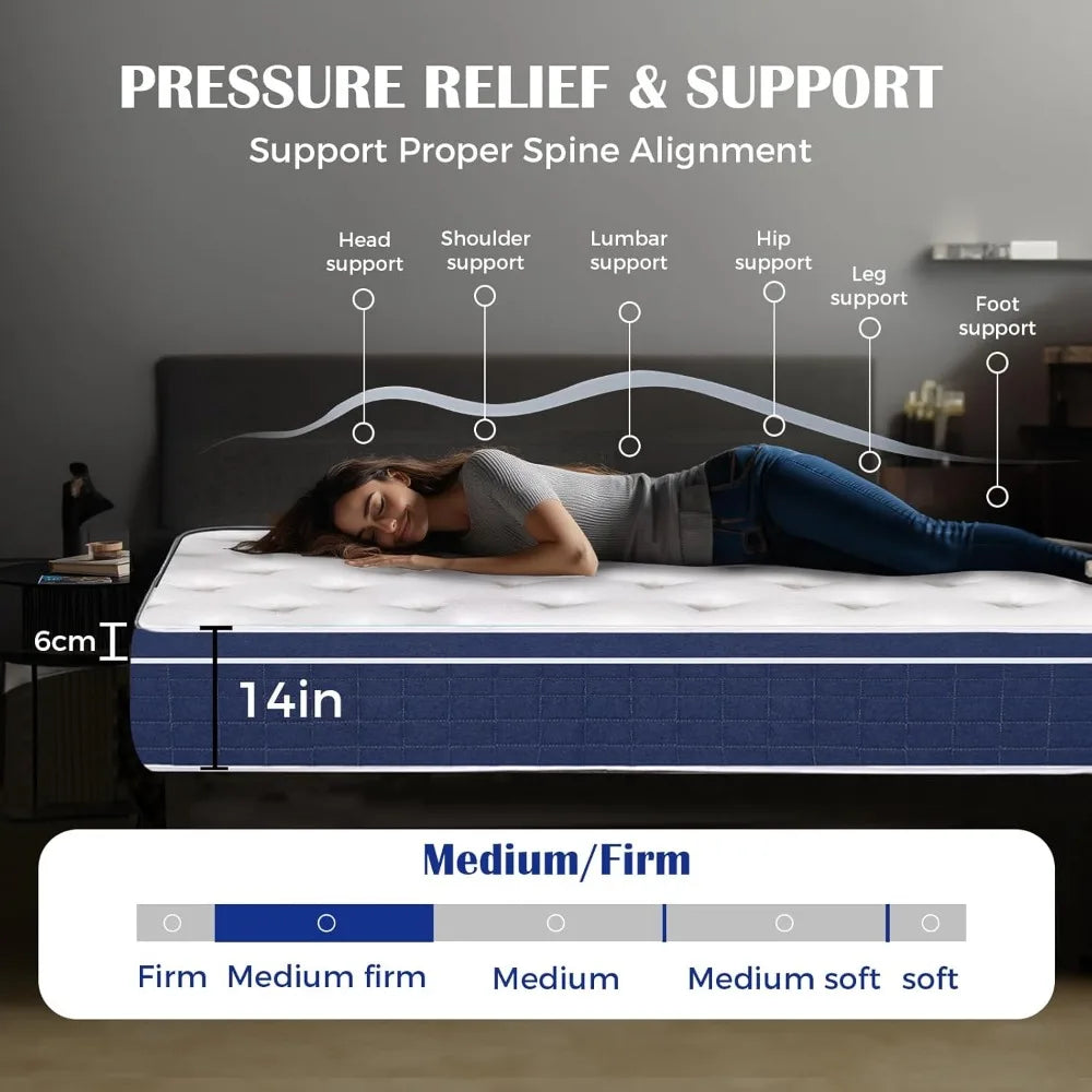 Royal Blue Full Size Medium Firm Hybrid Mattress Bed in a Box