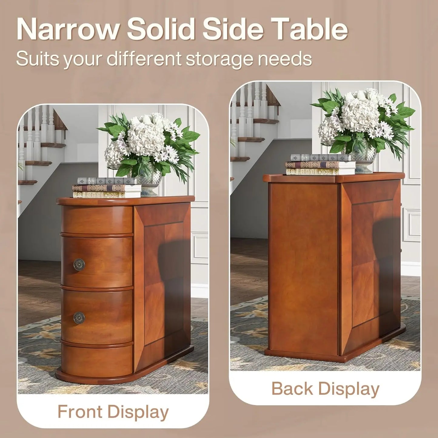 Wood End Table Set of 2 Narrow Solid Side Table with 2 Drawers