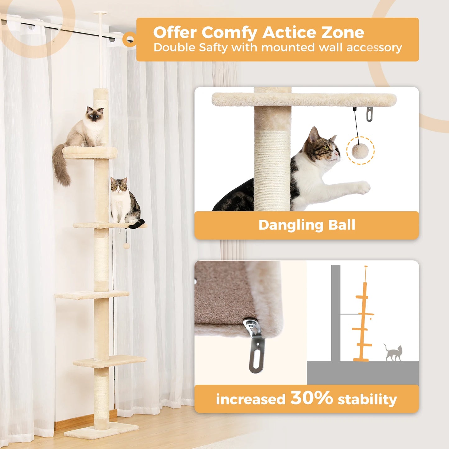 Adjustable Height Cat Tree Indoor Floor to Ceiling Tower Scratching Post