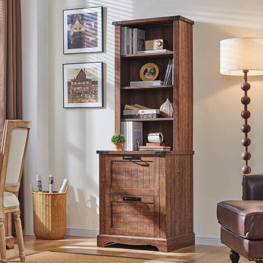 Bookcase with 2 File Drawers 72 Inch Rustic Wood Bookshelf Storage