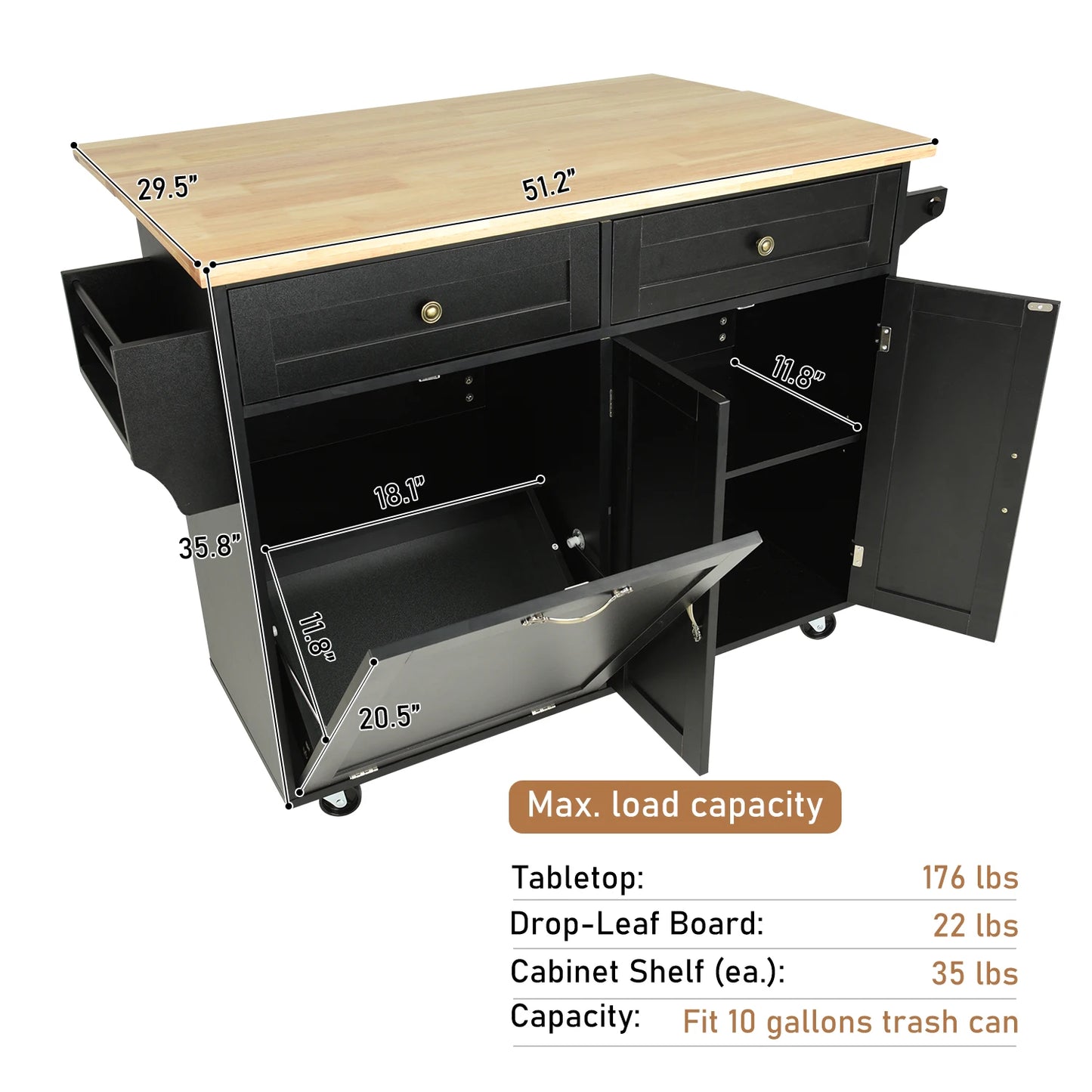 Kitchen Island with Storage Rolling Cart Drop Leaf Towel Rack