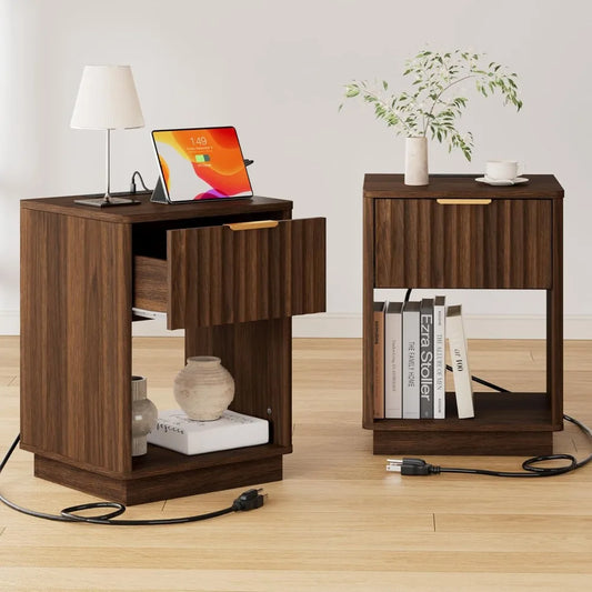 Walnut Fluted Nightstand Set of 2 Bedside Table with Charging Station