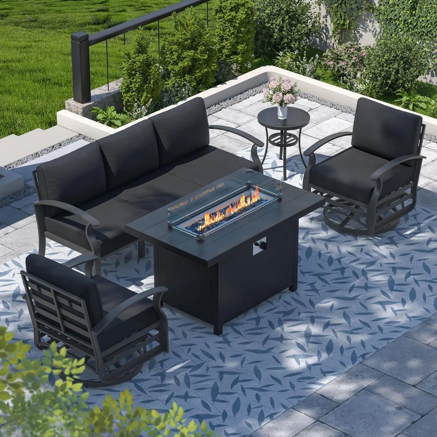 Ljustra Aluminum Patio Furniture Set Fire Pit Table Swivel Chairs Sofa