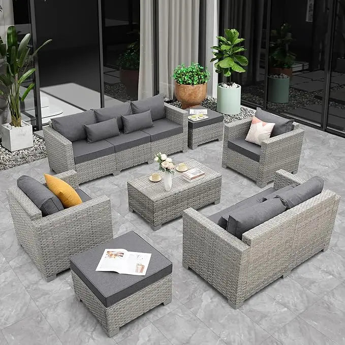 Ljustra 7 Piece Gray Rattan Patio Furniture Set Outdoor Sofa Storage Table